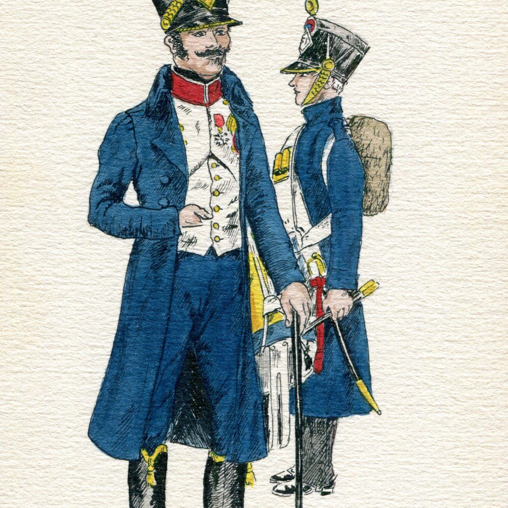 Linien-Infanterie (51. Rgt.) - Im Vordergrund: Offizier und im Hintergrund Tambour der Grenadiere (1809)