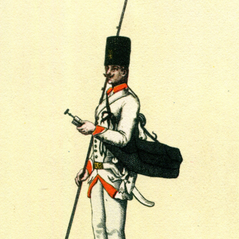 Österreichische Uniformen um 1796. Scharfschütze eines Grenz-Regiments. Entnommen aus: Martin Lezius, Das Ehrenkleid des Soldaten, 1932, S. 222.