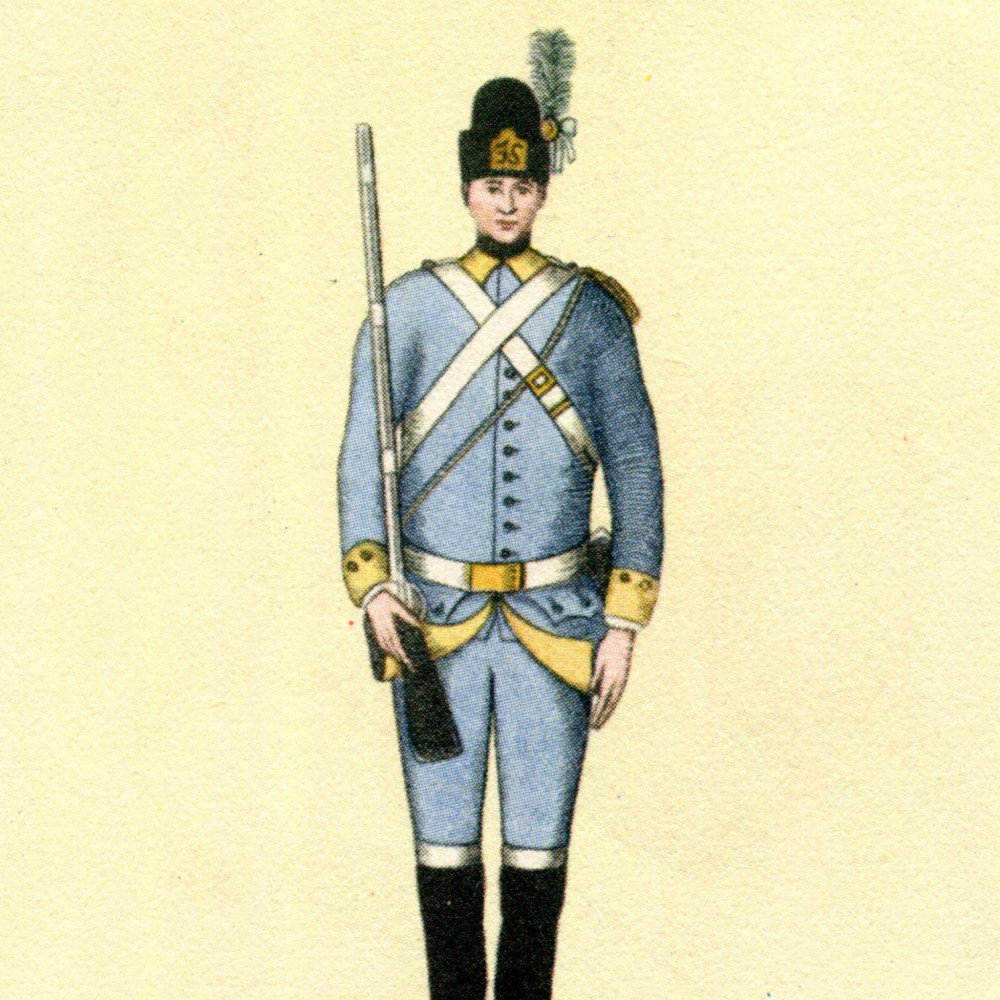 Österreichische Uniformen um 1796. K. K. Angehöriger des Feldjägerkorps. Entnommen aus: Martin Lezius, Das Ehrenkleid des Soldaten, 1932, S. 222. v