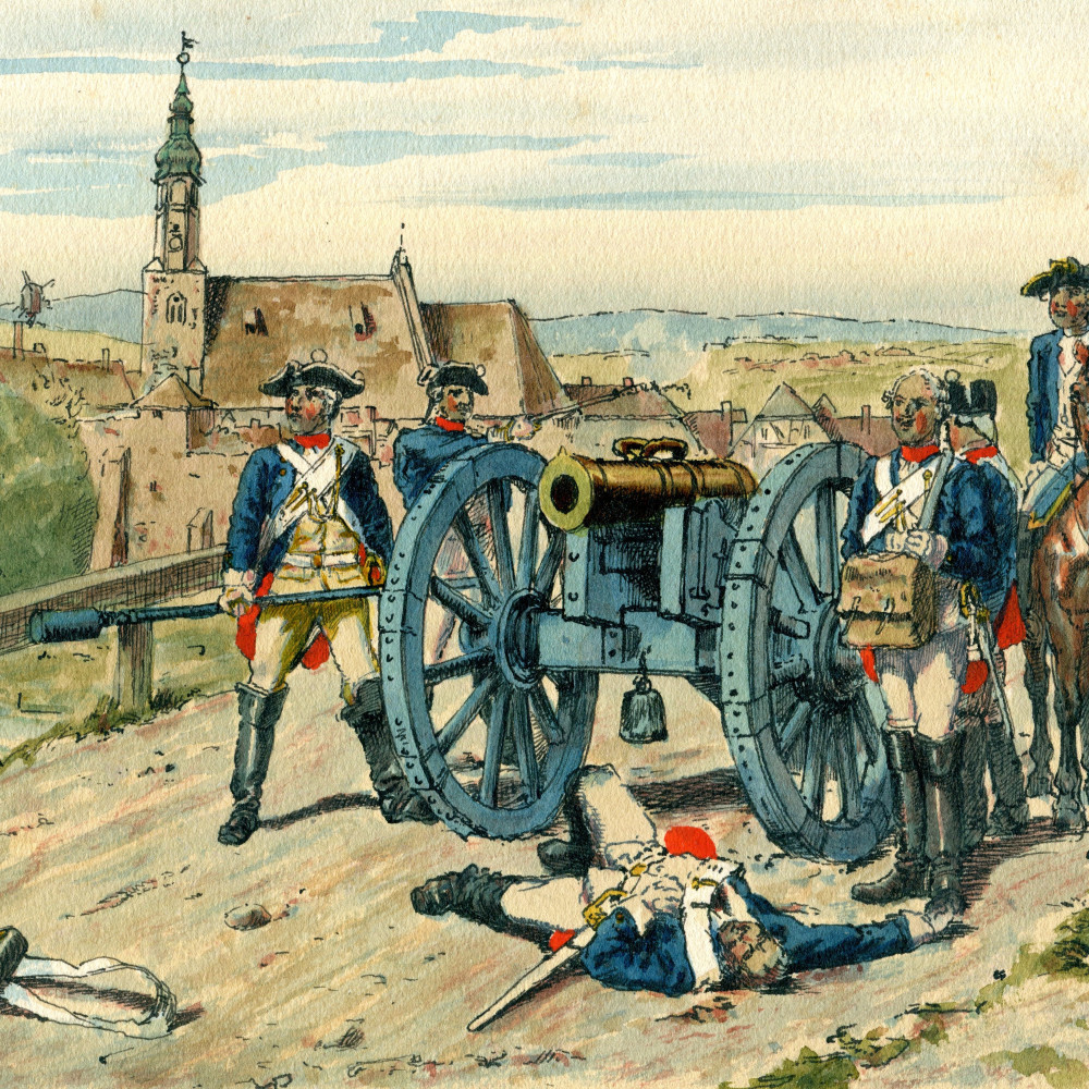 Geschützbedienung der reitenden preußischen Artillerie im Jahre 1756. Originale aquarellierte Zeichnung von unbekannter Hand. Wohl 1. Hälfte des 20. Jhdt.