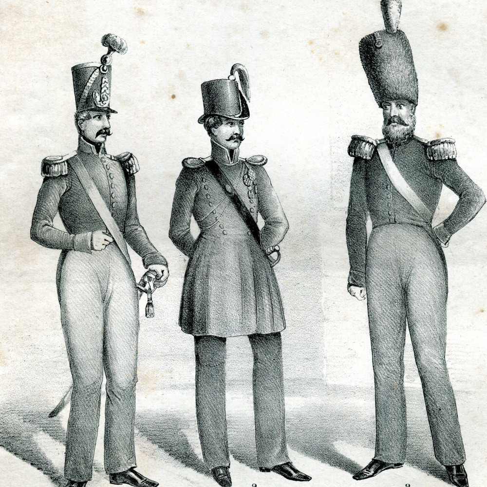 Von links: Soldat der Linien-Infanterie. Soldat des Schelde-Bataillons. Sappeur der Linien-Infanterie. 1842.