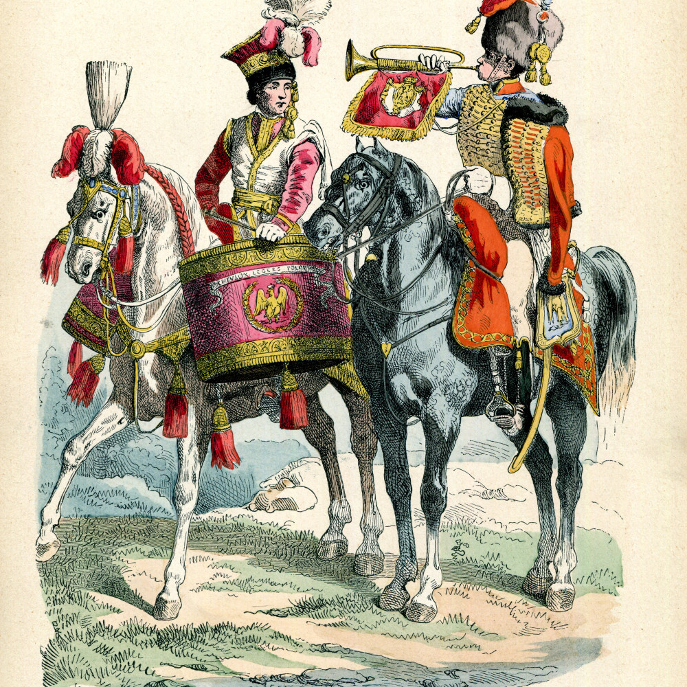 Kaiserliche Garde (1812). Pauker der polnischen Lanzenreiter und Trompeter der Jäger zu Pferde.