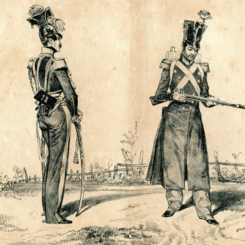 Frankreich. National-Garde. Von Links: Cavallerist und Infanterist. 1839.