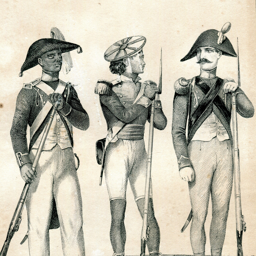 Frankreich. Von links: Farbigen-Kompanie 1798. Cypaye in Ost-Indien 1814.Cophtische Legion 1799.