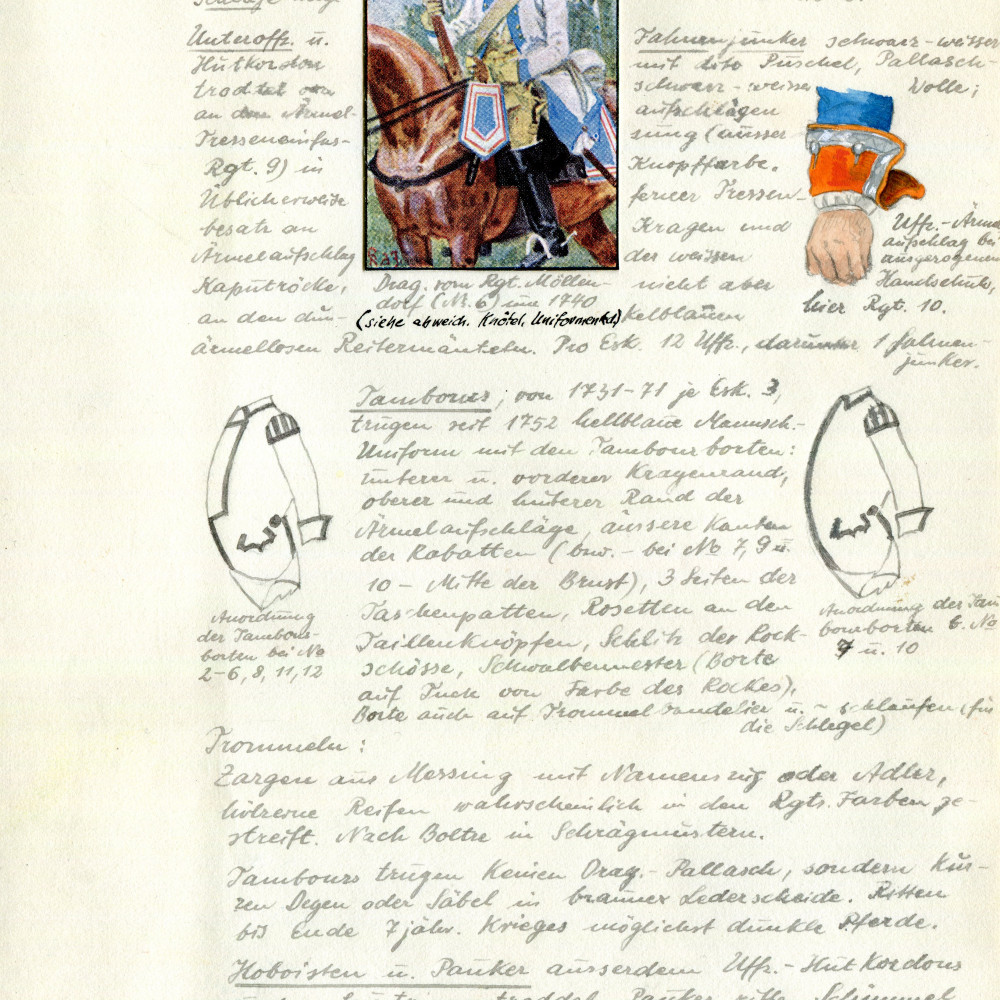 Dragoner - Uniformierung und Ausrüstung - Allgemein I. - die nachfolgenden Tafeln entstammen der originalen Arbeitssammlung des Zinnfigurensammler Franz Gauker (+). Abbildung im Anriss: Adolph v. Menzel, Trommler vom Dragoner-Regiment Bayreuth (D V). Entnommen aus Martin Lezius, Das Ehrenkleid des Soldaten, 1936, S. 209.