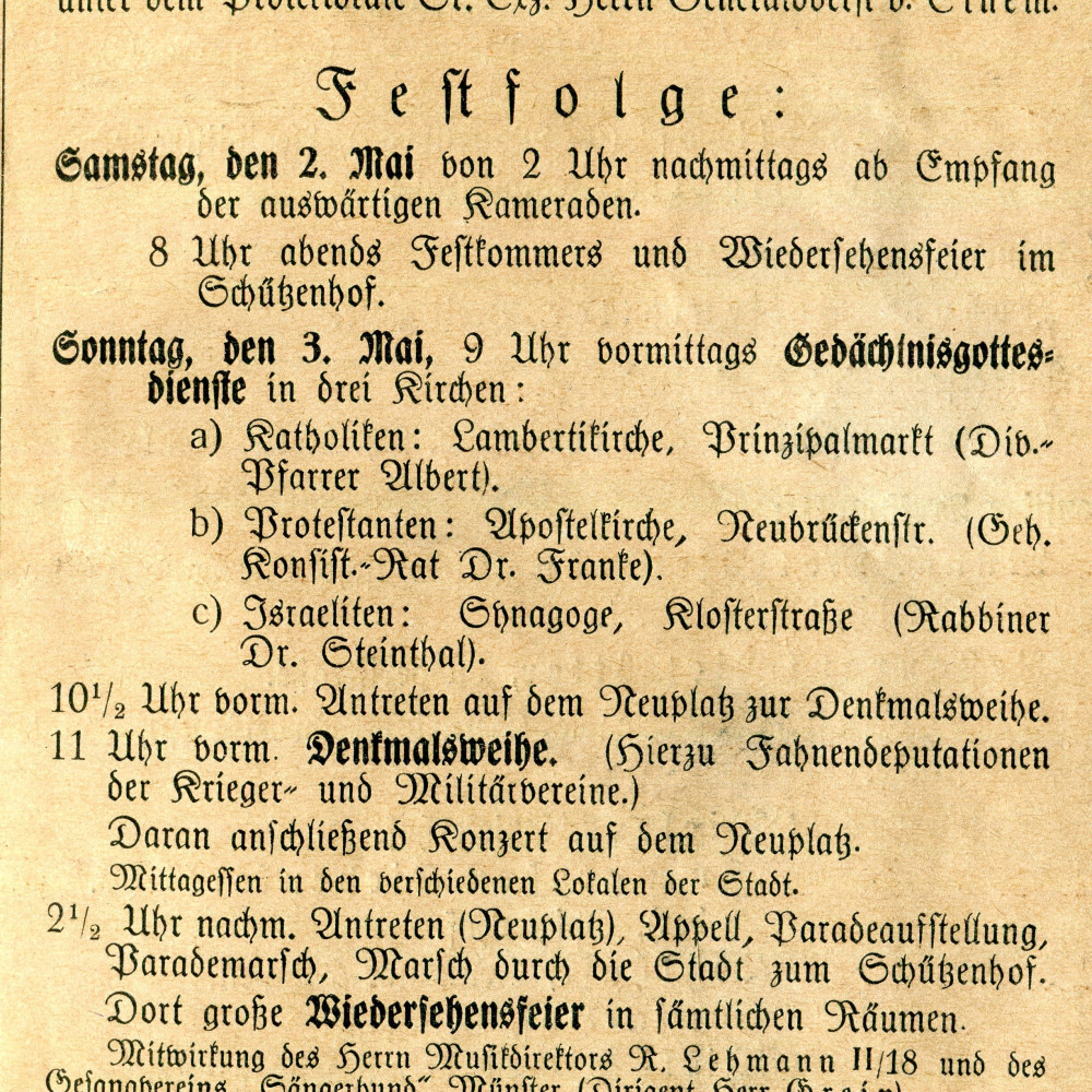 Festfolge des Regimentsappells des IR 13 am 02. - 0.05.1925 einschließlich der Denkmalsweihe. Der entsprechenden zeitgenössischen Broschüre entnommen.