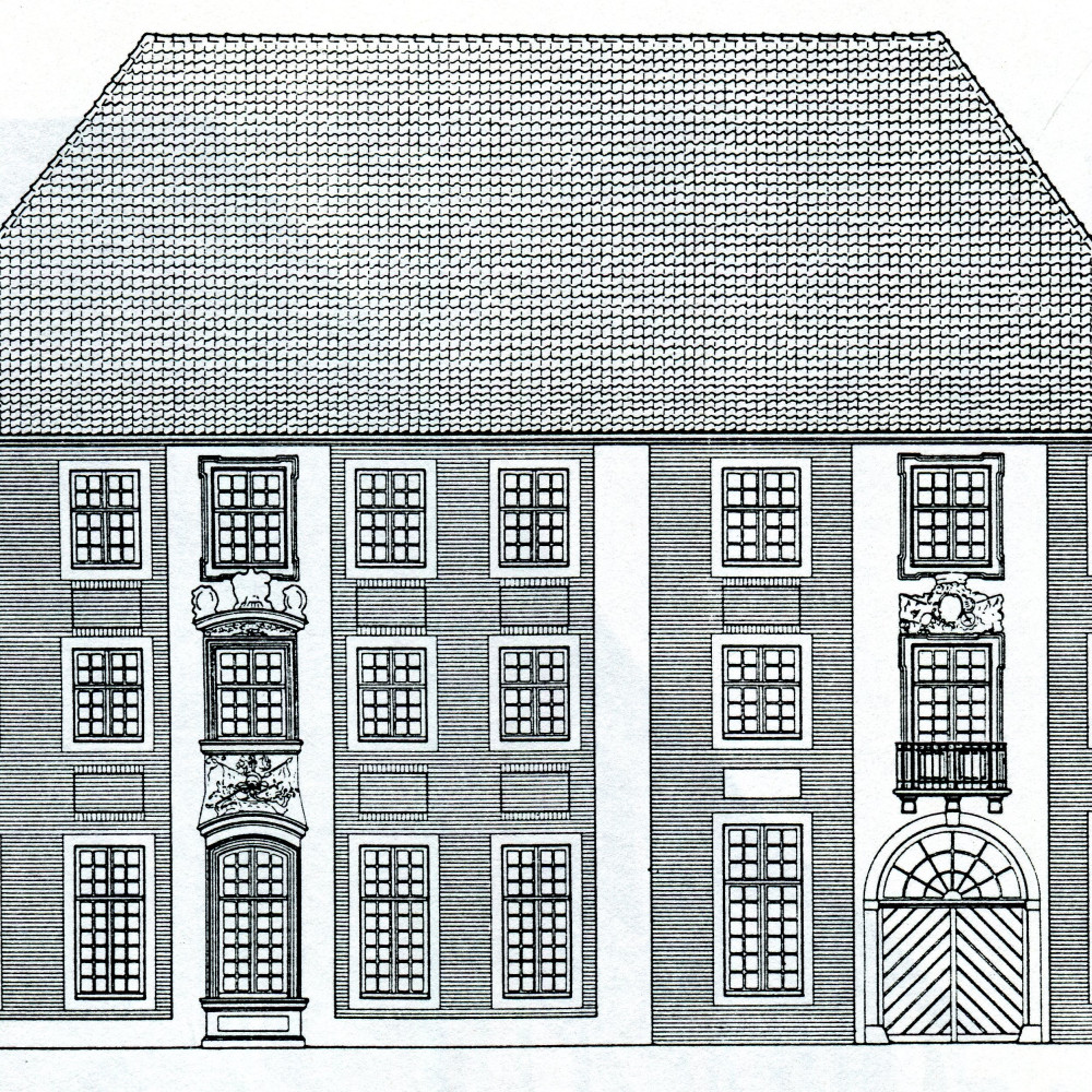 Aufriss der Front das sogenannten Gardehotels (Krummer Timpen 24/25). Entnommen aus: Max Geisberg, Die Stadt Münster. Vierter Teil. Die Profanen Bauwerke seit dem Jahre 1701, S. 78 (1935).