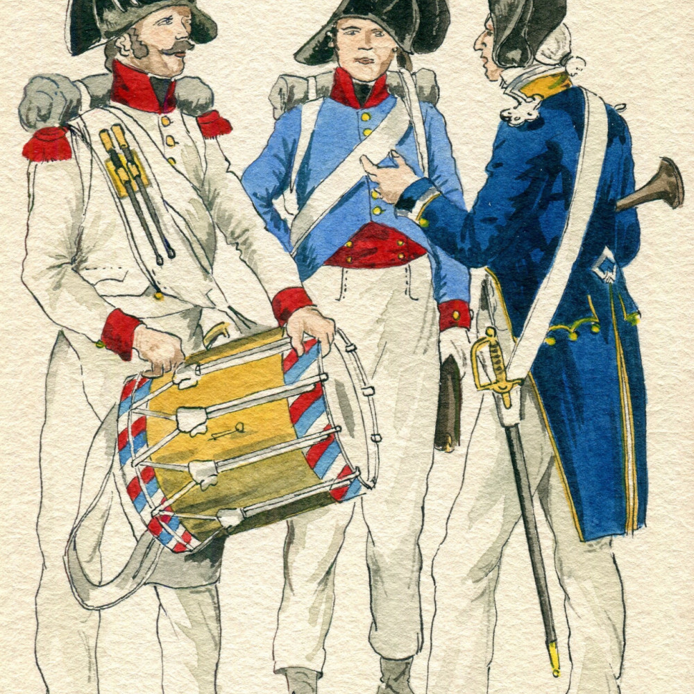 Linien-Infanterie (57. Rgt.) - von links nach rechts: Tambour, Sanitäter und Chef der Musik (1805 - 07).