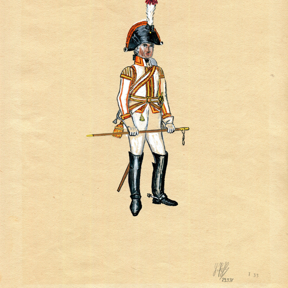 K 12 - Bekleidung V - Trompeter im Paradeanzug im Jahre 1806. Nach einer originalen aquarellierten Zeichnung vom 29.09.1938 (nach Knötel, Uniformkunde, Bd. XVII, Nr. 47).