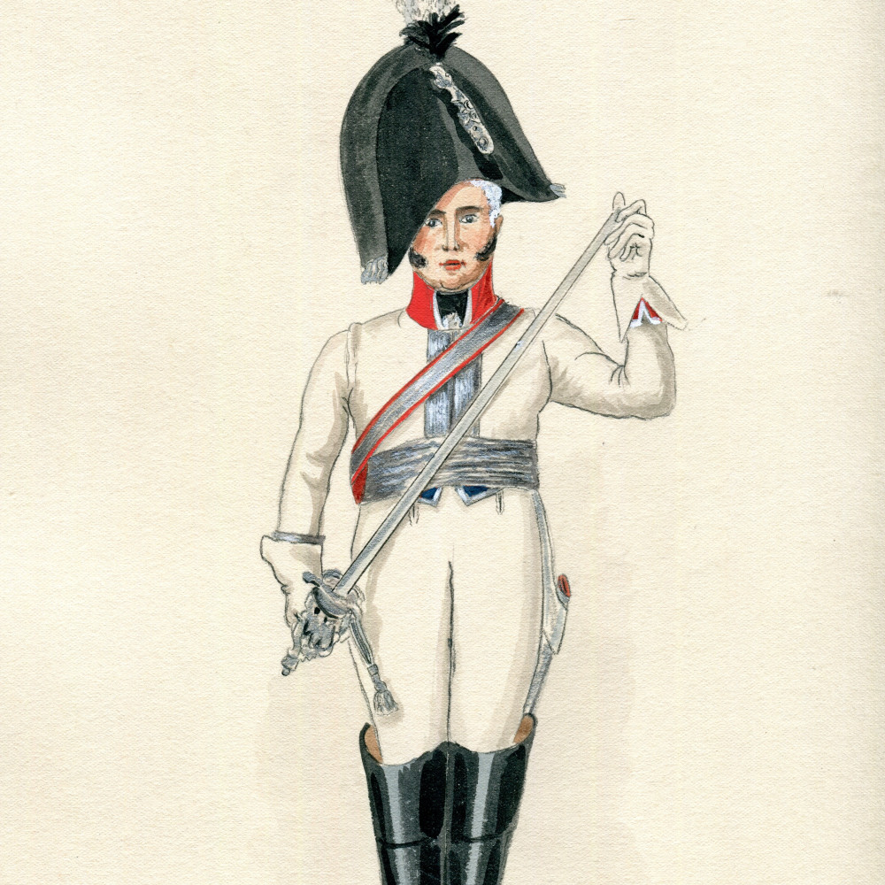 K 13 - Bekleidung V - Offizier aus dem Regiment Gardes du Corps. Nach einem originalen Aquarell aus dem 19. Jhdt. Einer Folge von Aquarellen entnommen, die der im Jahre 1806 erschienenen Serie an Stichen der Gebr. Henschel/ Berlin folgt.