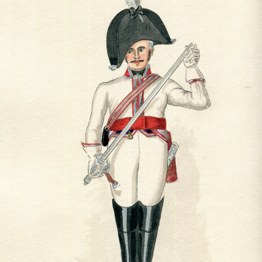 K 13 - Bekleidung VI - Unteroffizier aus dem Regiment Gardes du Corps. Nach einem originalen Aquarell aus dem 19. Jhdt. Einer Folge von Aquarellen entnommen, die der im Jahre 1806 erschienenen Serie an Stichen der Gebr. Henschel/ Berlin folgt.